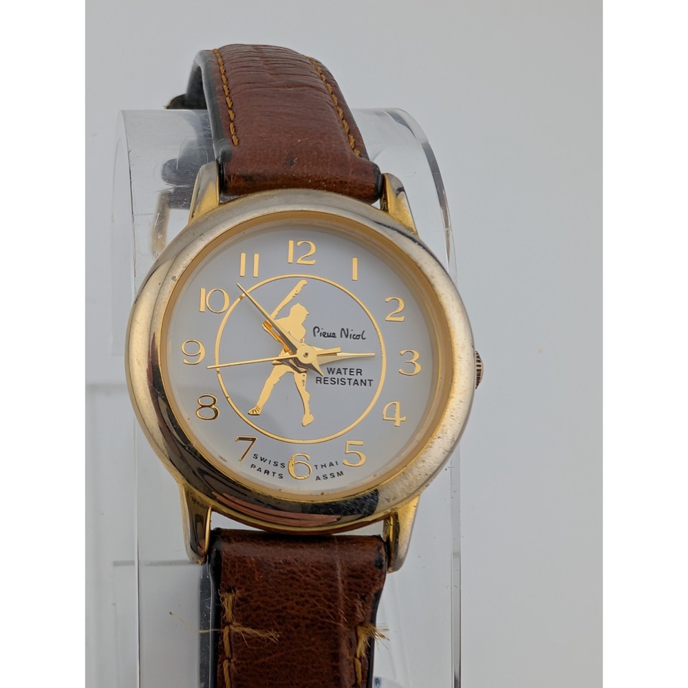Pierre Nicol Womens Baseball Watch 25mm Gold Case Leather Band- New Battery